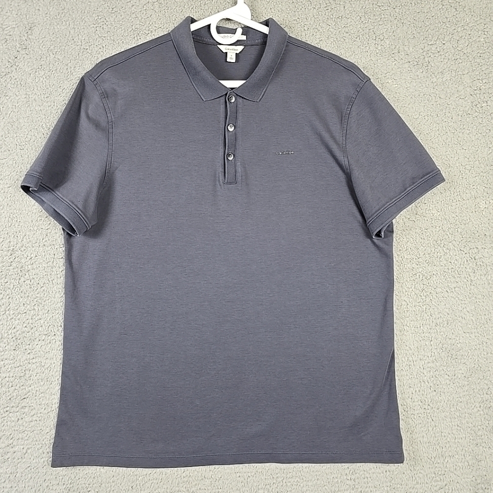 Calvin Klein Polo Shirt Mens XL Grey Solid Casual Golf Liquid Touch